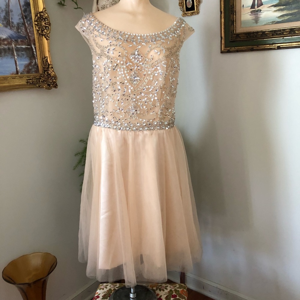 Peach rhinestone and beaded formal dress - Picture 1 of 3